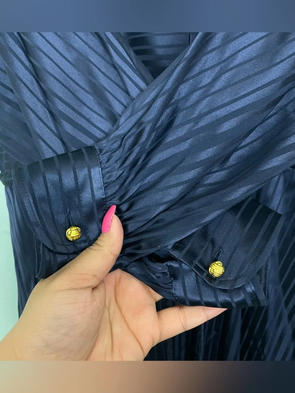 Tory Burch Striped Long Sleeve Drawstring Silk Blend Midi Dress‎ Navy Blue XS